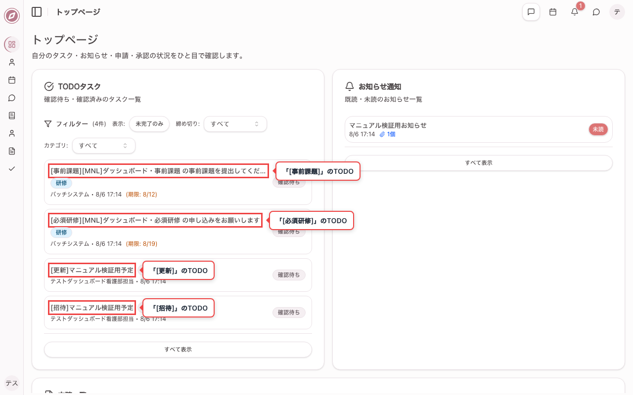トップページのTODO  タスク欄を確認する