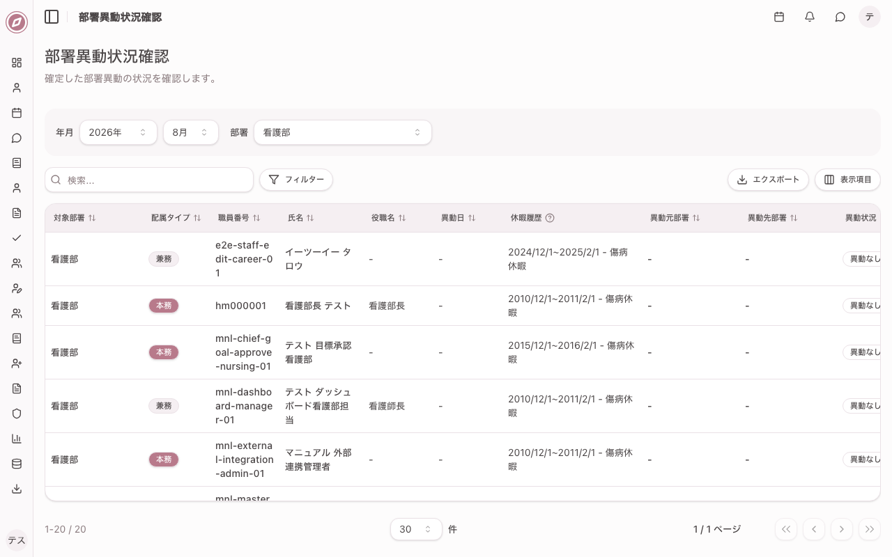 職員管理 部署異動状況確認画面