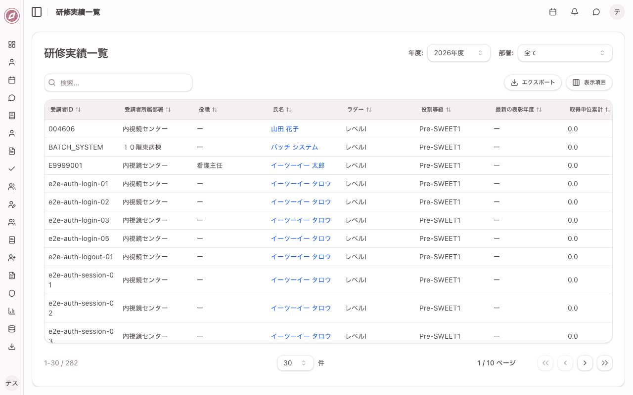 研修管理 実績一覧確認画面